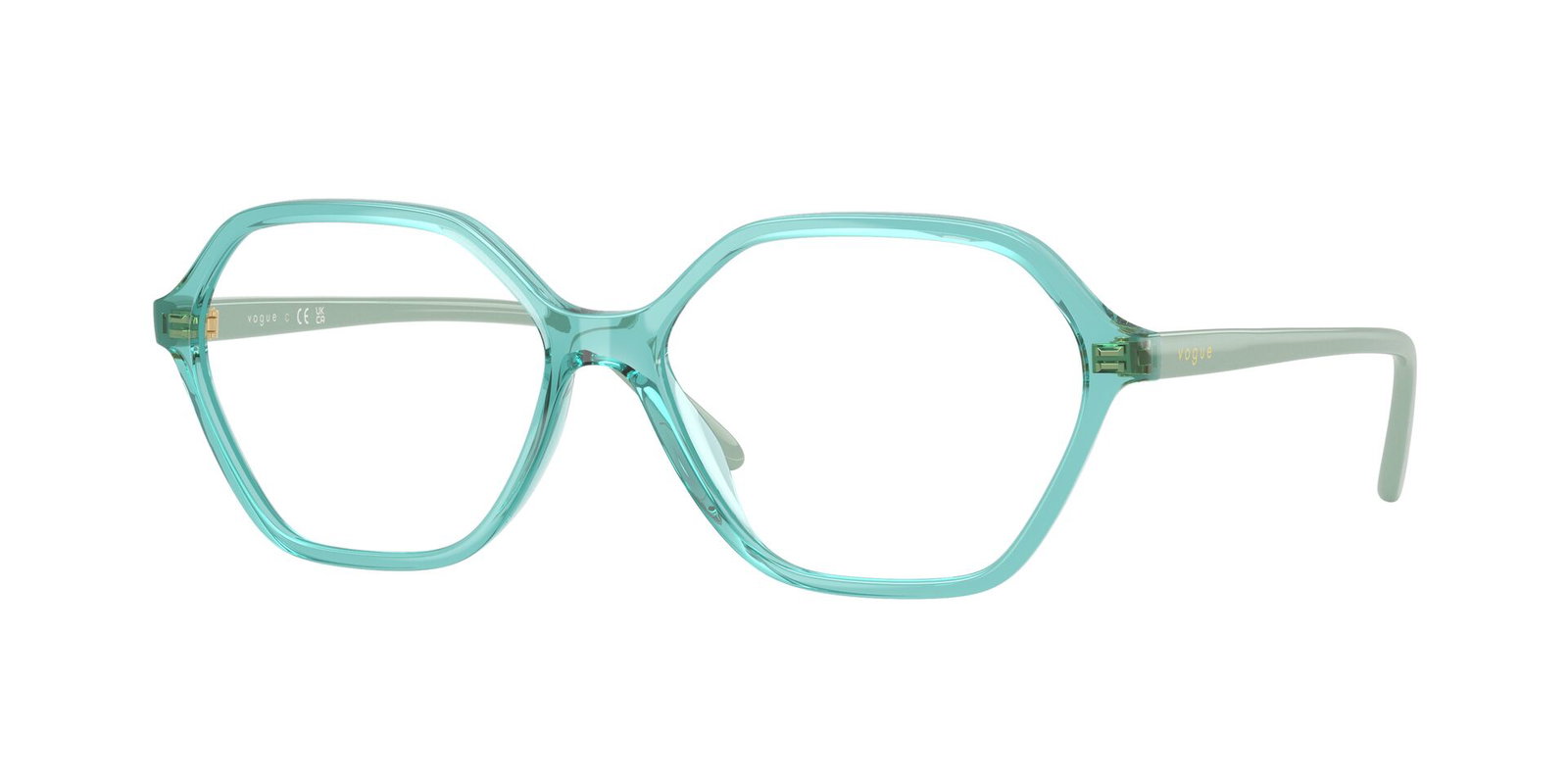 Das Bild zeigt die Korrektionsbrille 5622 3192 von der Marke Vogue in Transparent Türkis.